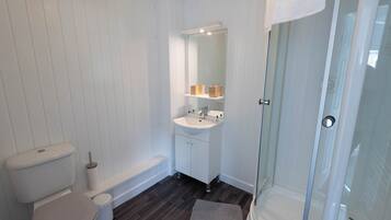 A bathroom with a toilet, sink, and shower.