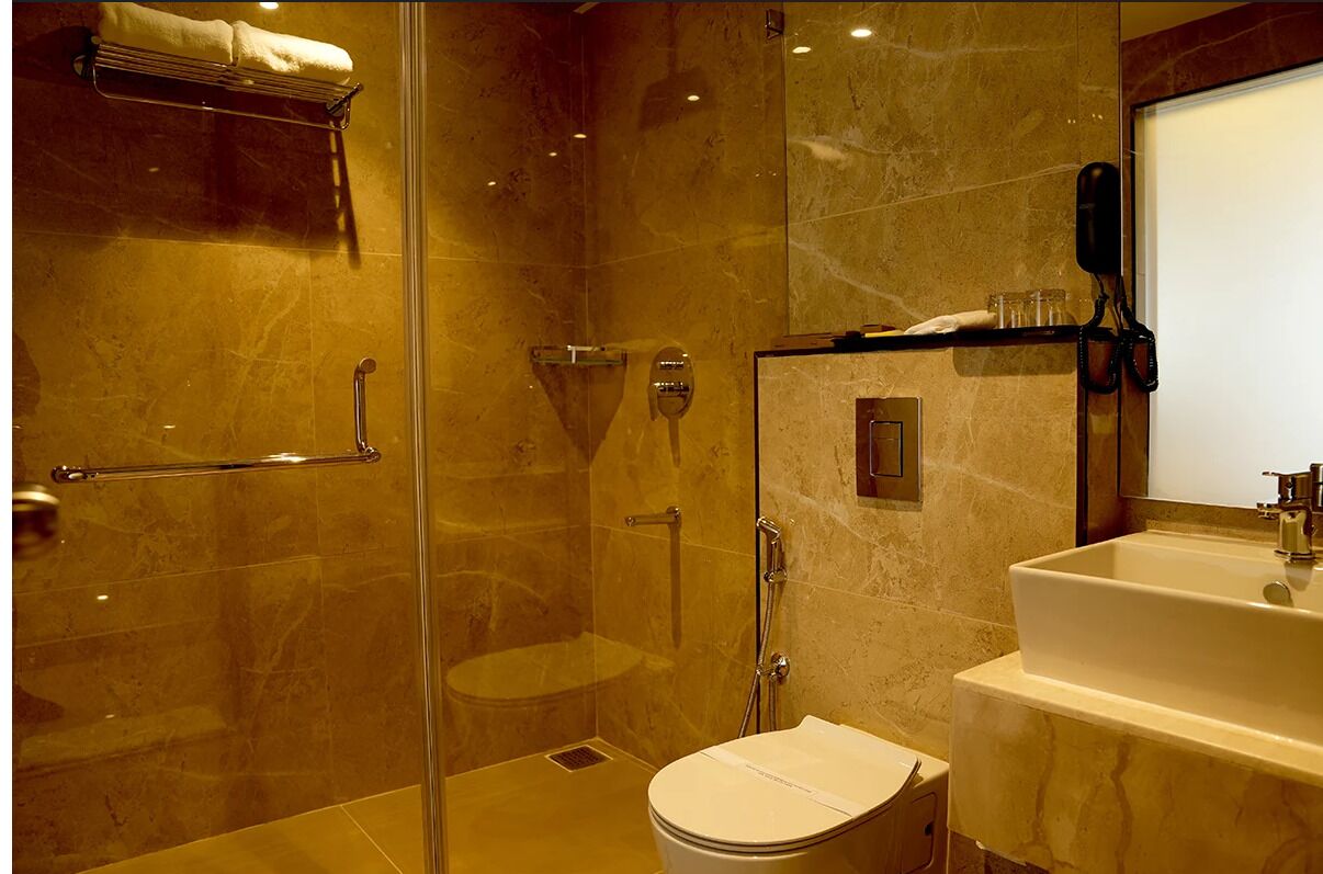 Shower, towels, soap, shampoo