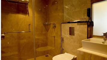 Shower, towels, soap, shampoo