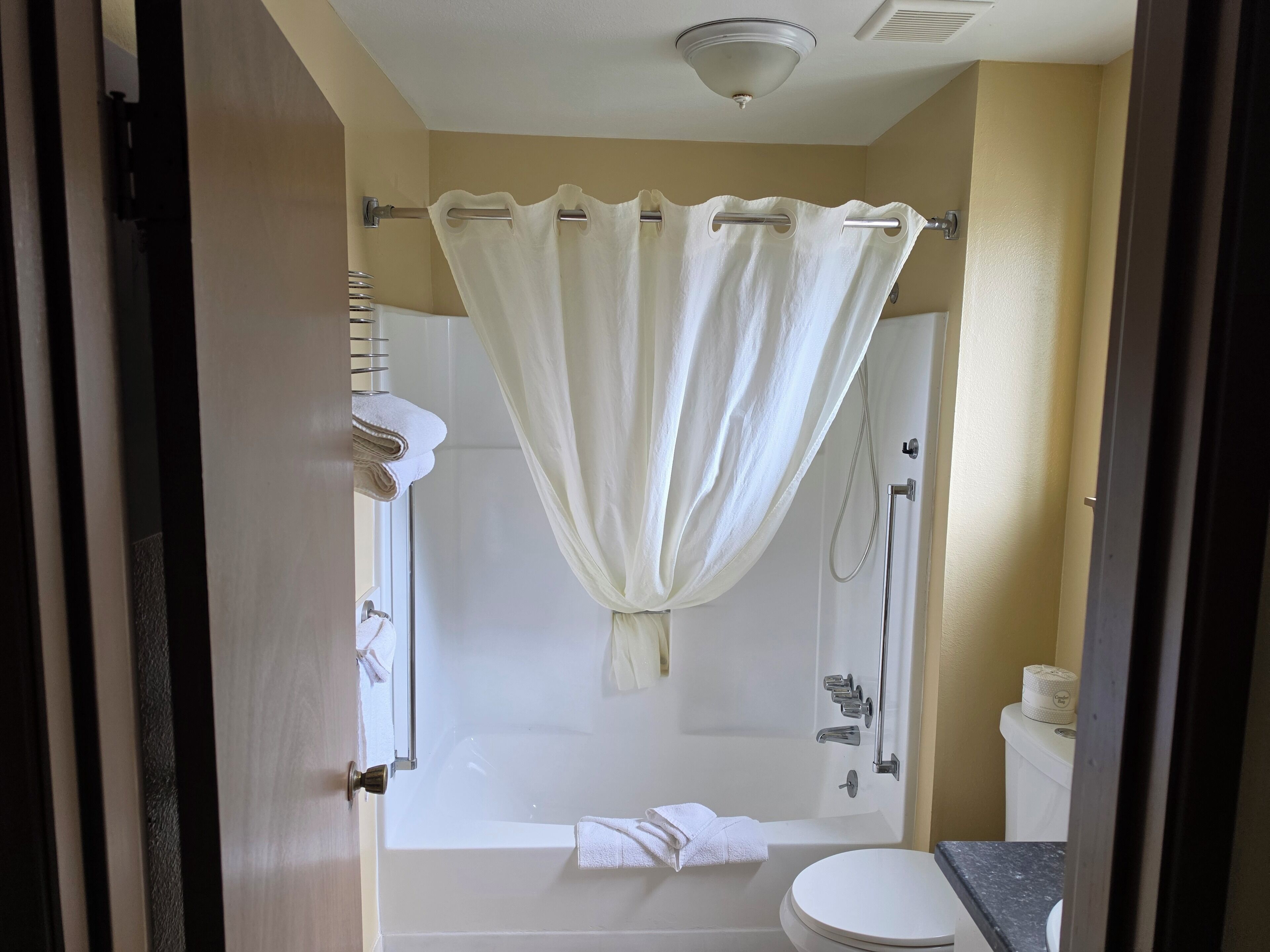Combined shower/tub, free toiletries, hair dryer, towels