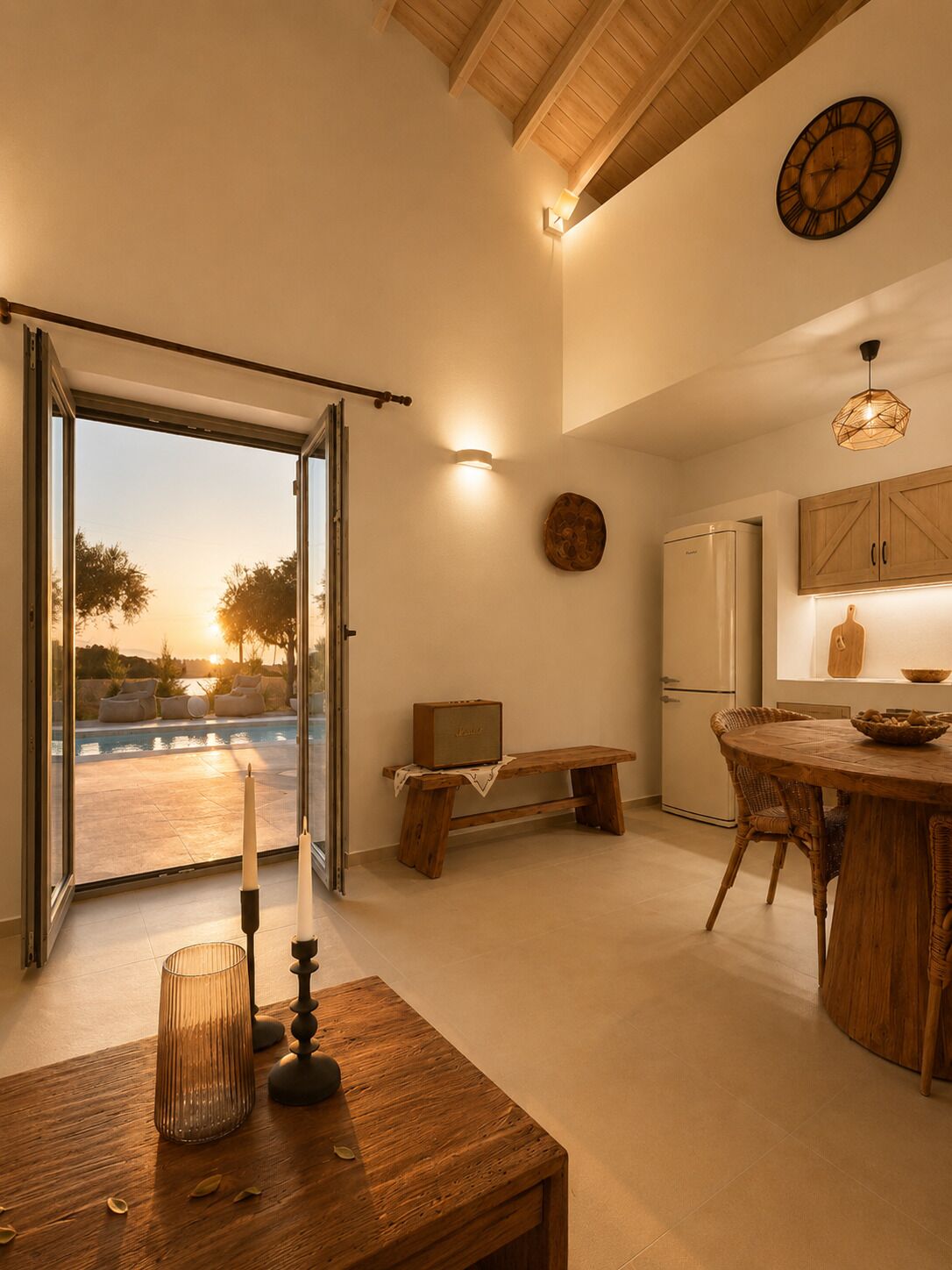 A modern kitchen with a wooden dining table, a bench, and a view of a swimming pool.