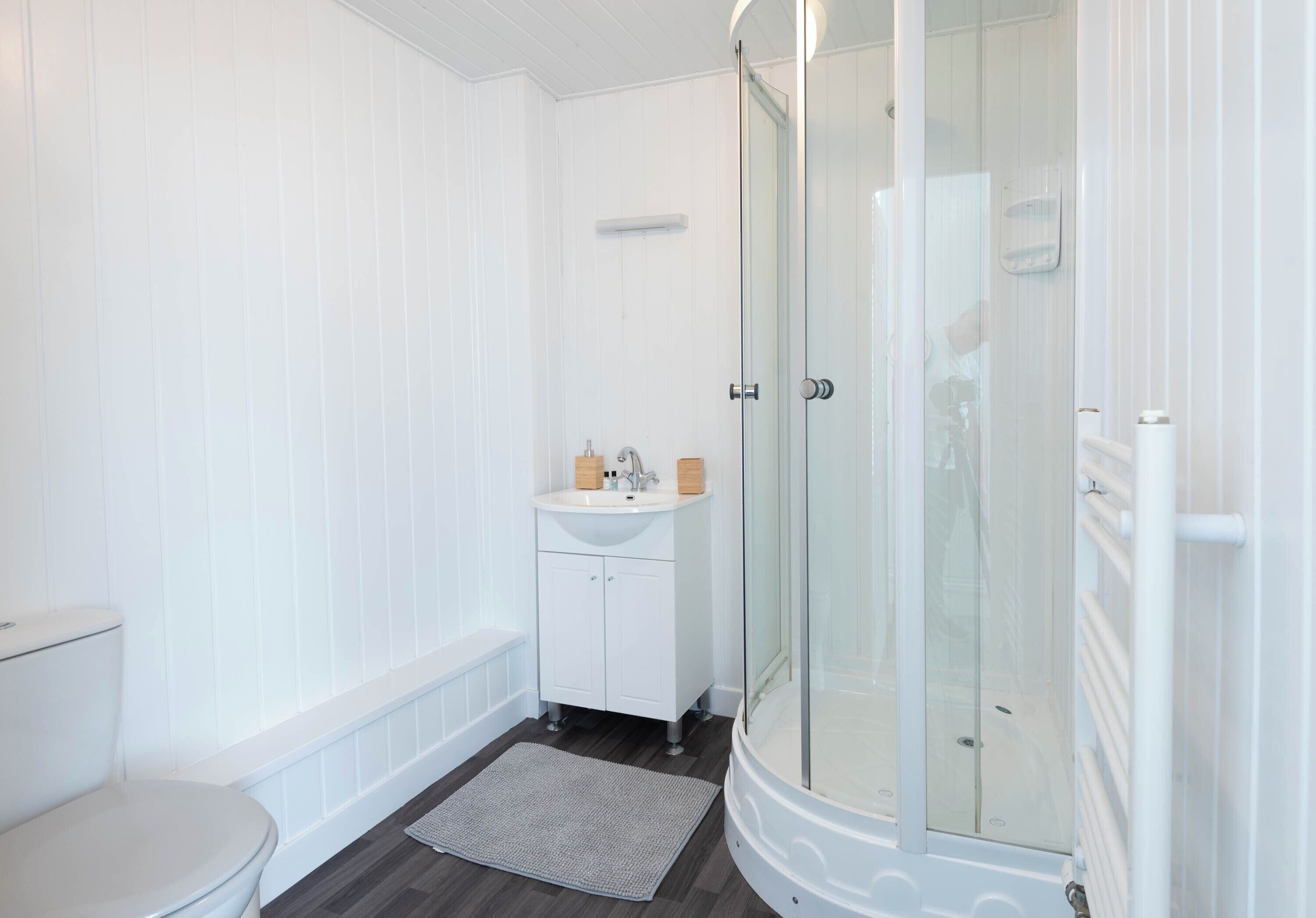Shower, towels, toilet paper