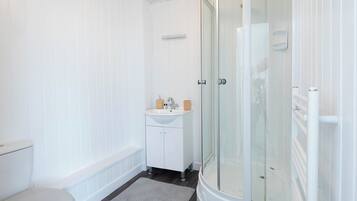 Shower, towels, toilet paper