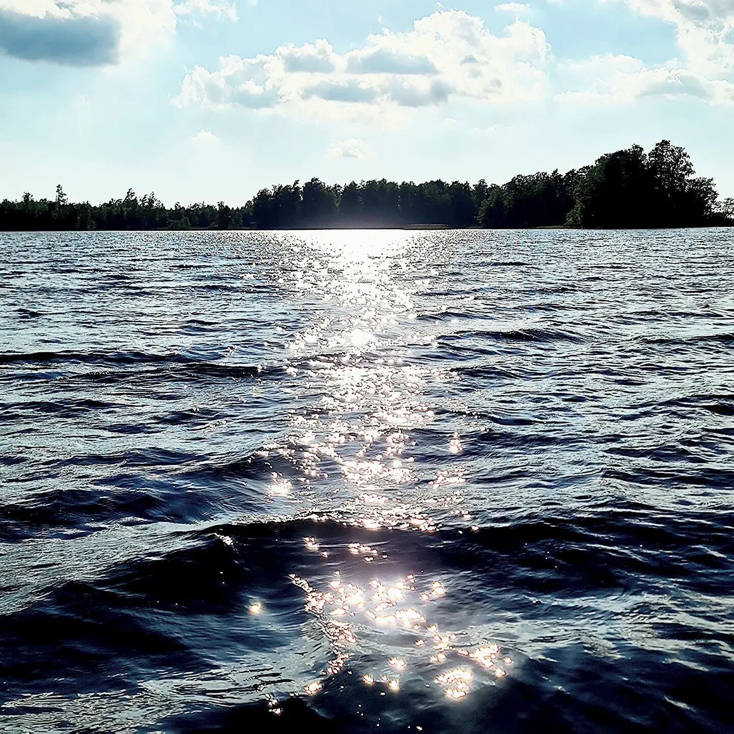 Una masa de agua con reflejos de luz solar, una orilla lejana con árboles y un cielo parcialmente nublado.