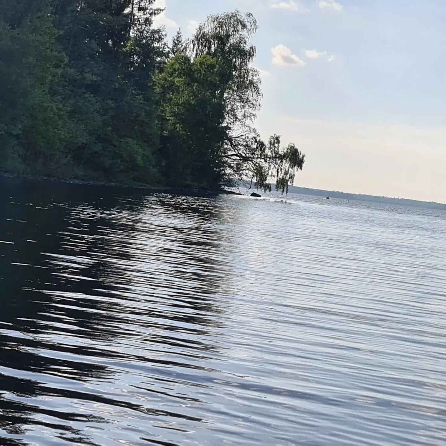 A calm body of water with trees on the left and a clear sky.