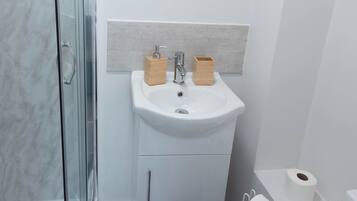 Shower, towels, toilet paper