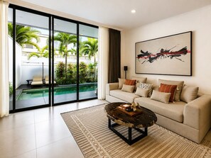 Uma sala de estar moderna com uma grande porta de vidro que dá para uma piscina, um sofá bege com almofadas decorativas e uma pintura abstrata contemporânea na parede.