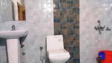 Shower, towels, soap, toilet paper