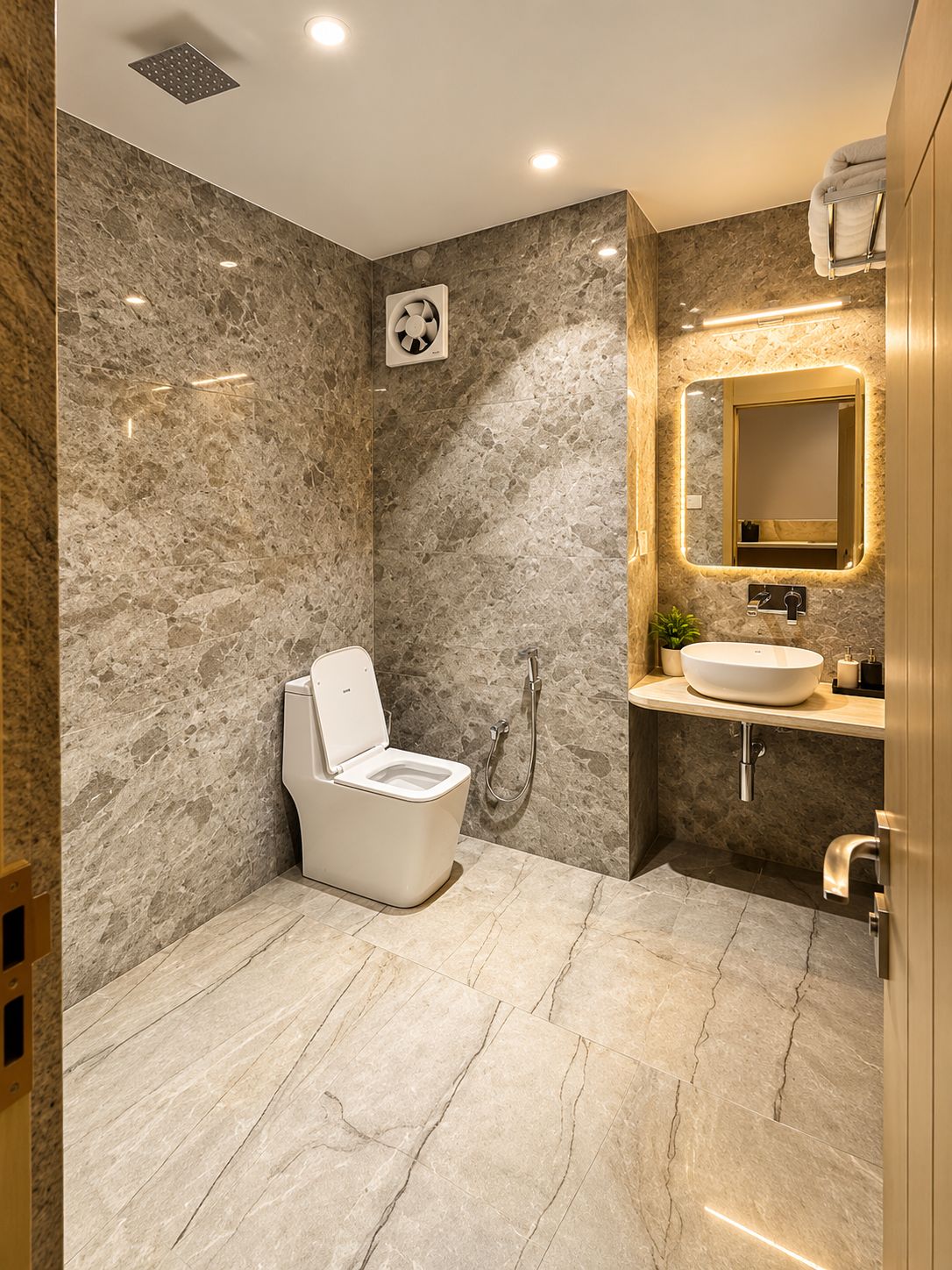 Une salle de bain moderne équipée de toilettes, d’un bidet et d’un lavabo.