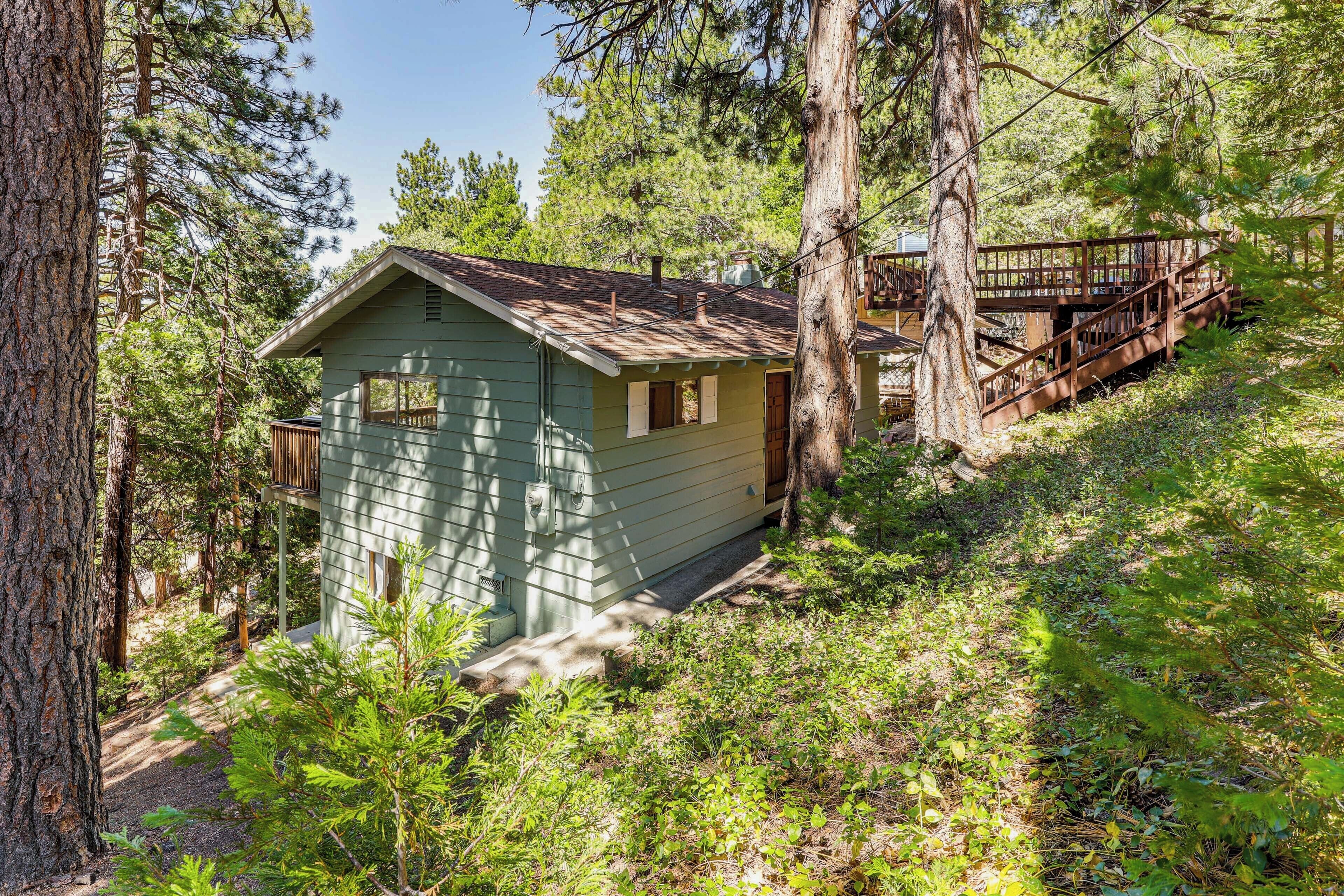 Eine kleine Holzhütte mit einer Holzterrasse, umgeben von Bäumen und Pflanzen.
