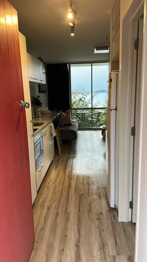 Eine schmale Küche mit Holzboden, die zu einem Balkon mit Aussicht führt.