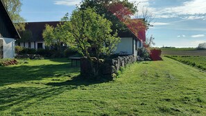 A rural house with a stone wall, a lawn, and a field in the background. - Cosy 70s-style holiday apartment (Hollændergårde)