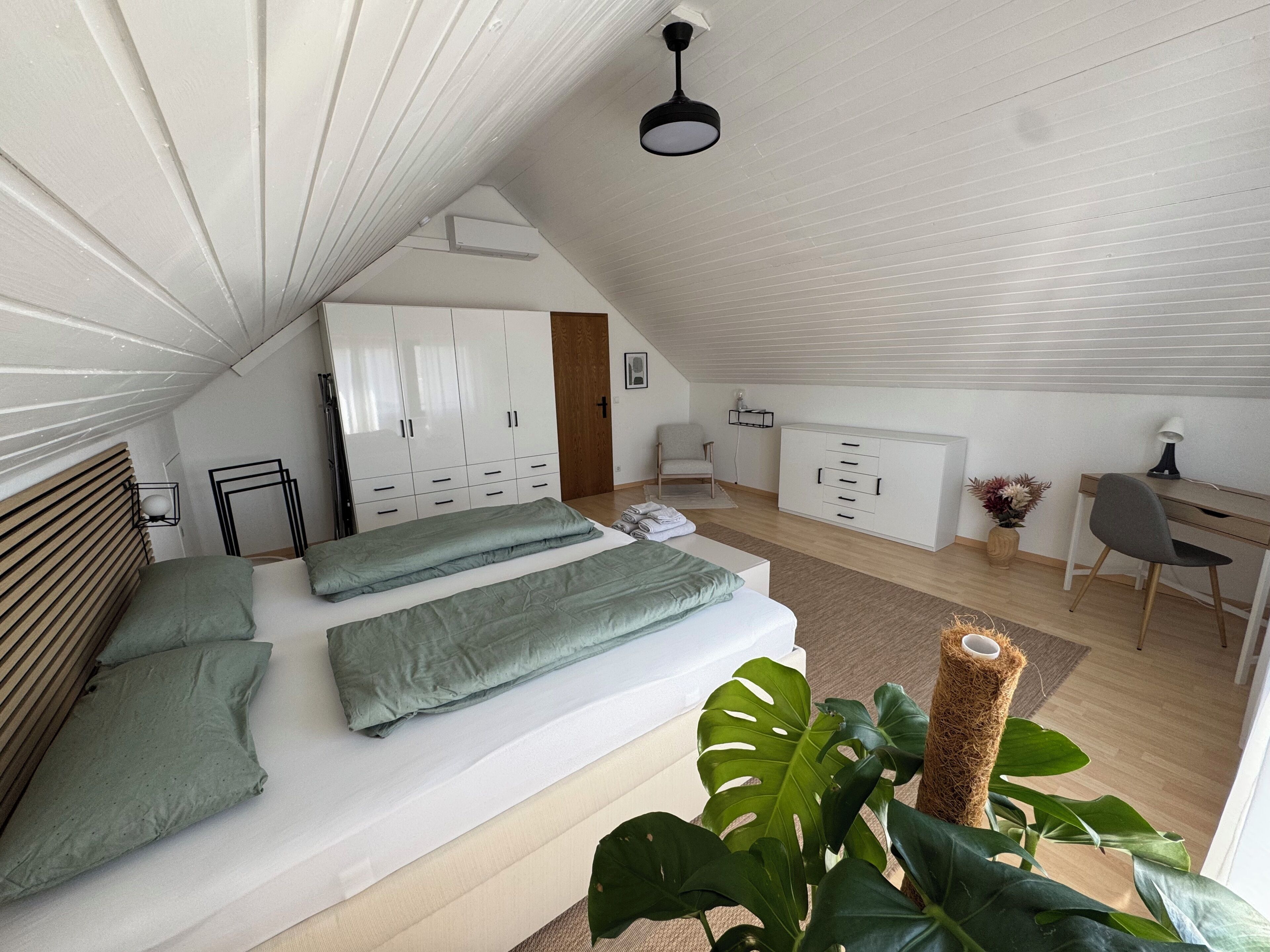 1 bedroom, desk, iron/ironing board, travel cot