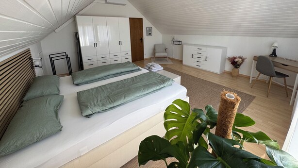 A bedroom with a bed, wardrobe, desk, chair, and a plant. - Nordi Living Apartment—ideally located in the heart of Baden-Württemberg (Horb am Neckar)