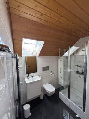 Dusche, Haartrockner, Handtücher, Seife