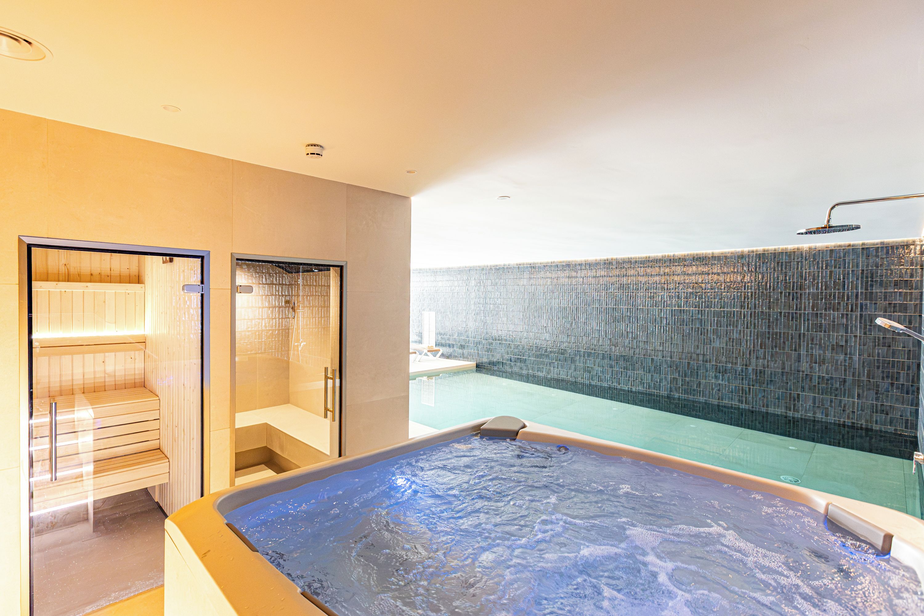 Un espace bien-être comprenant un jacuzzi, un sauna et une zone de douche avec un mur en verre.