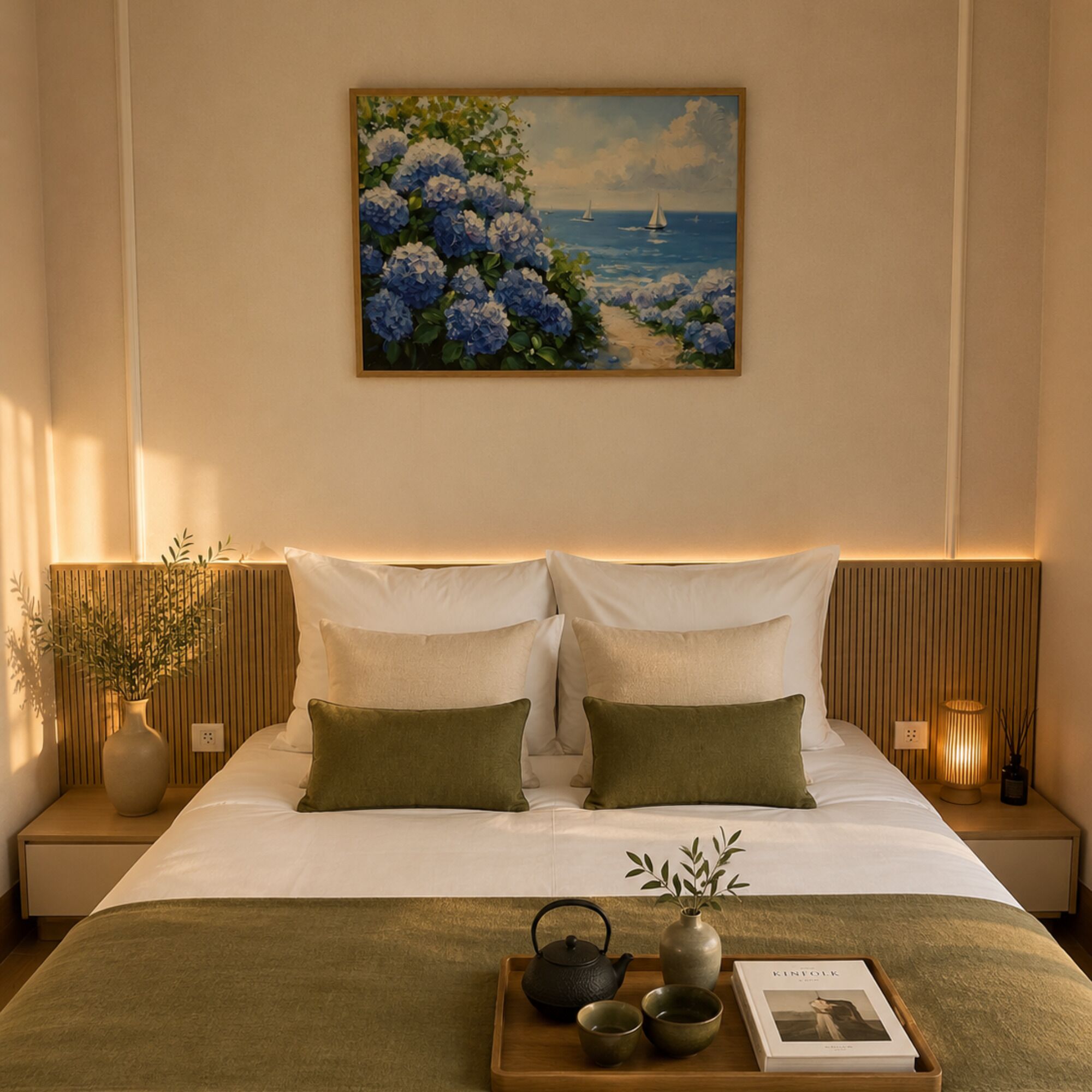 Una cama bien hecha con dos almohadas, una mesita de noche con un jarrón y un libro, y un cuadro con flores y veleros en la pared.