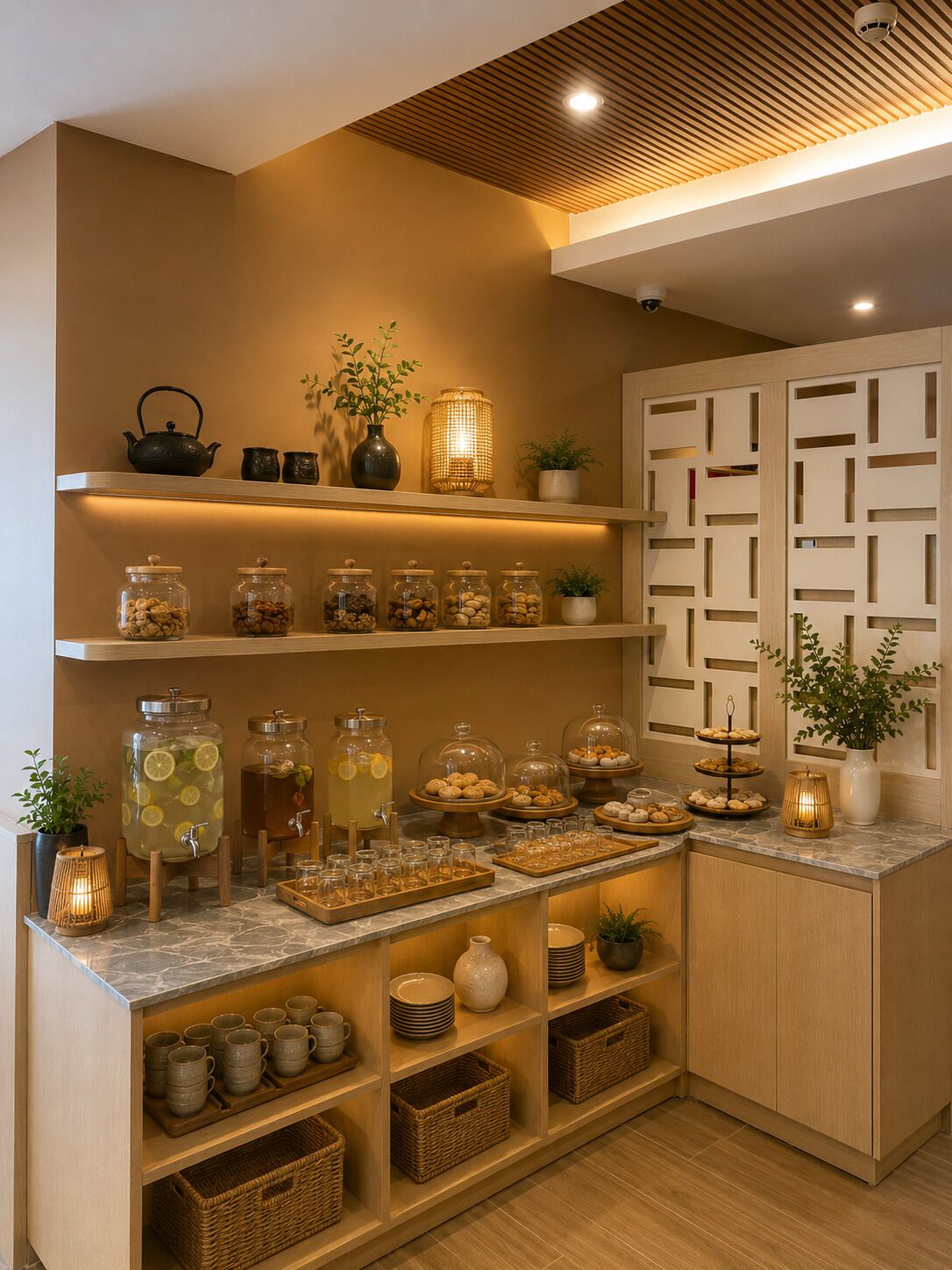 Un área de cocina bien organizada con estantes que contienen frascos, un hervidor y varios utensilios de cocina.