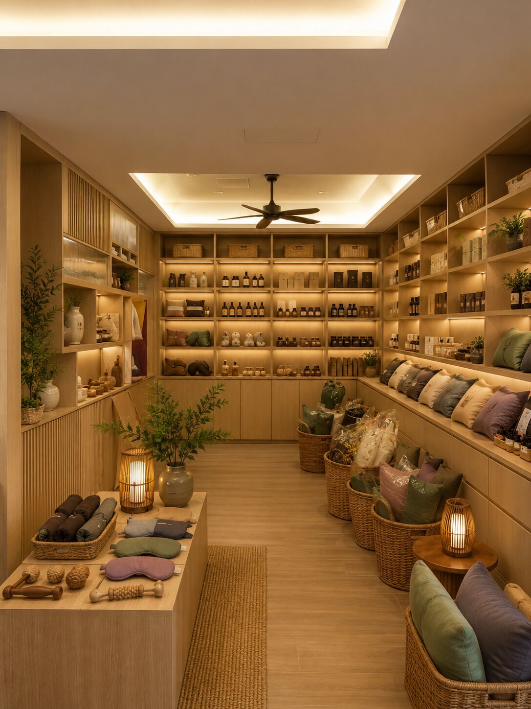 A well-organized storage room with shelves containing various bottles and boxes, a ceiling fan, and wicker baskets with cushions.