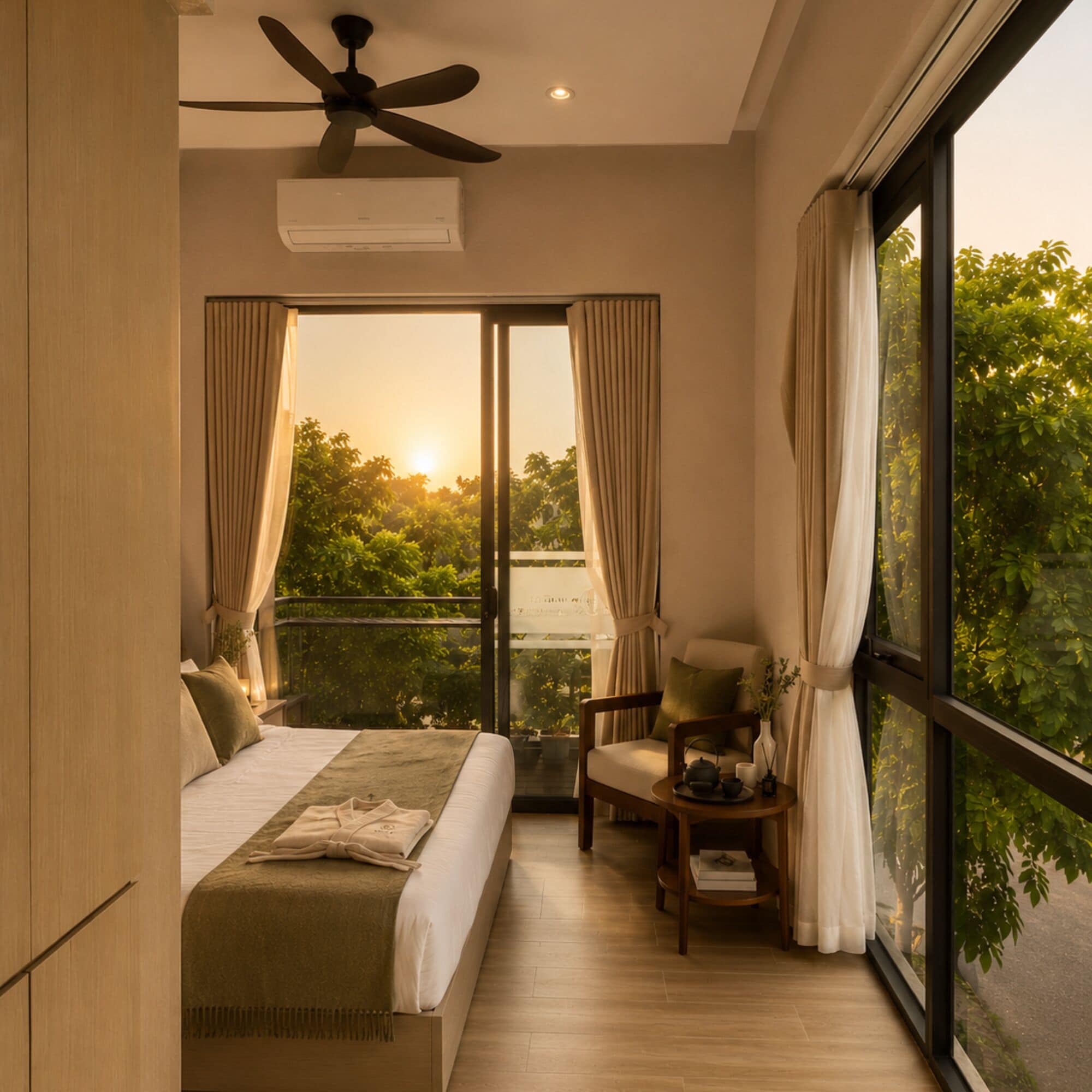 A bedroom with a bed, a chair, a table, and a view of trees through a window.