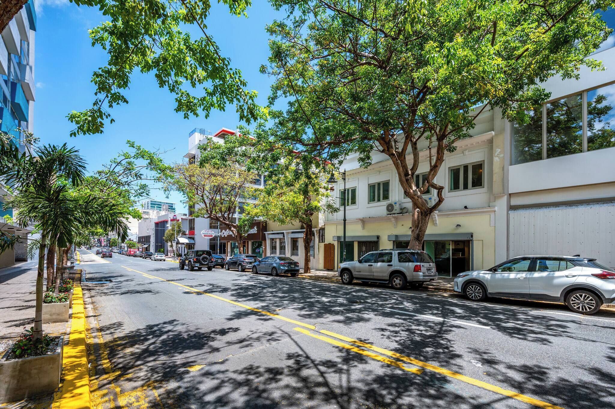 Een straat met bomen, geparkeerde auto's, gebouwen met balkons en een heldere blauwe lucht.