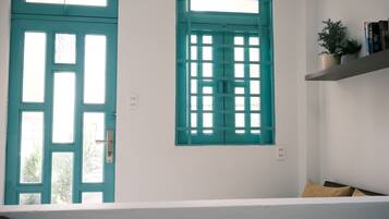 A room with two teal-framed windows, a white wall, a shelf with books and a plant, and a bed with pillows.
