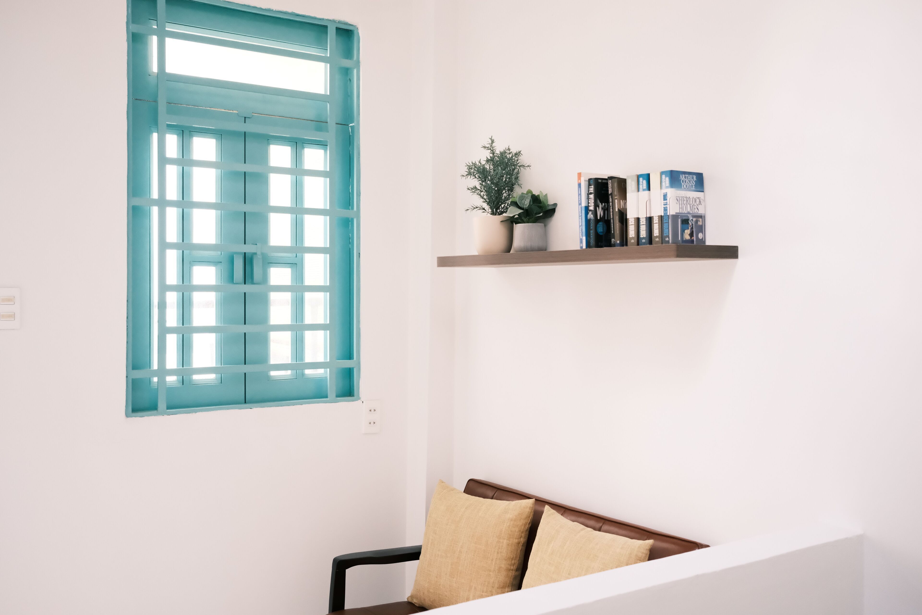 A room with a teal-framed window, a bookshelf with books, a potted plant, and a brown leather sofa with beige cushions.