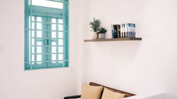 A room with a teal-framed window, a bookshelf with books, a potted plant, and a brown leather sofa with beige cushions.