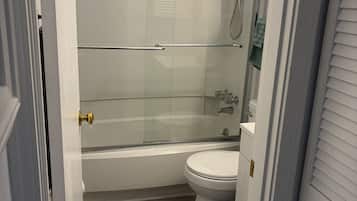 Hair dryer, towels, soap, toilet paper