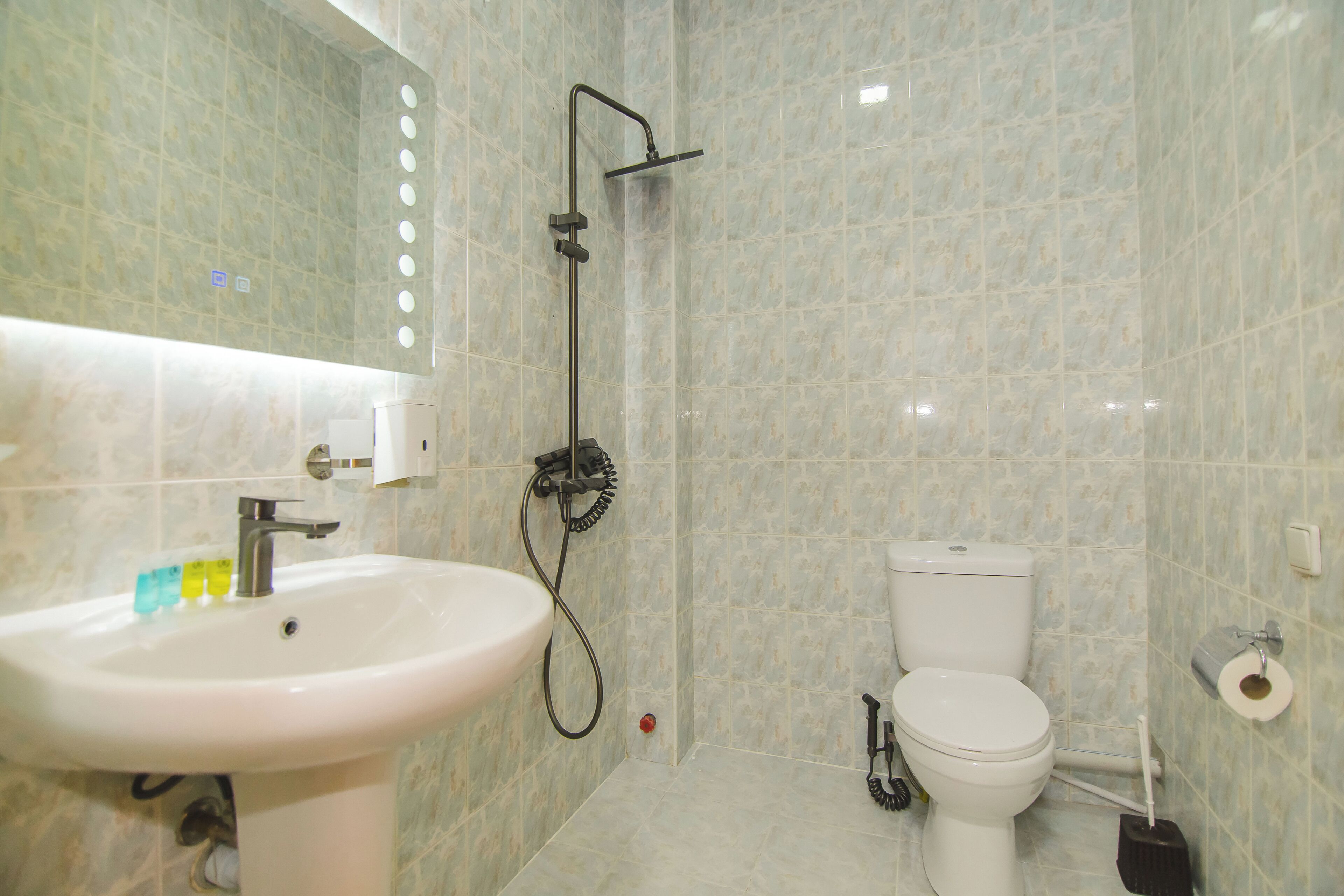 Chuveiro, secador de cabelo, toalhas de banho, sabonete