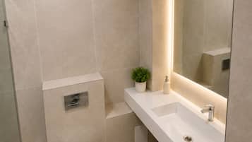 Shower, free toiletries, hair dryer, slippers