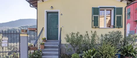 Un edificio amarillo con puerta y contraventanas verdes, y plantas en macetas en la fachada.