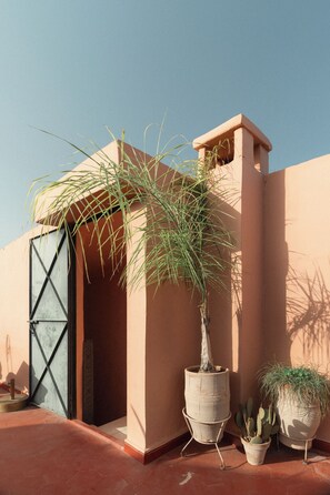 A potted plant in a white pot on a red-tiled floor, next to a building with a beige wall and a glass door. - Riad Hima by Assila (Marrakech)