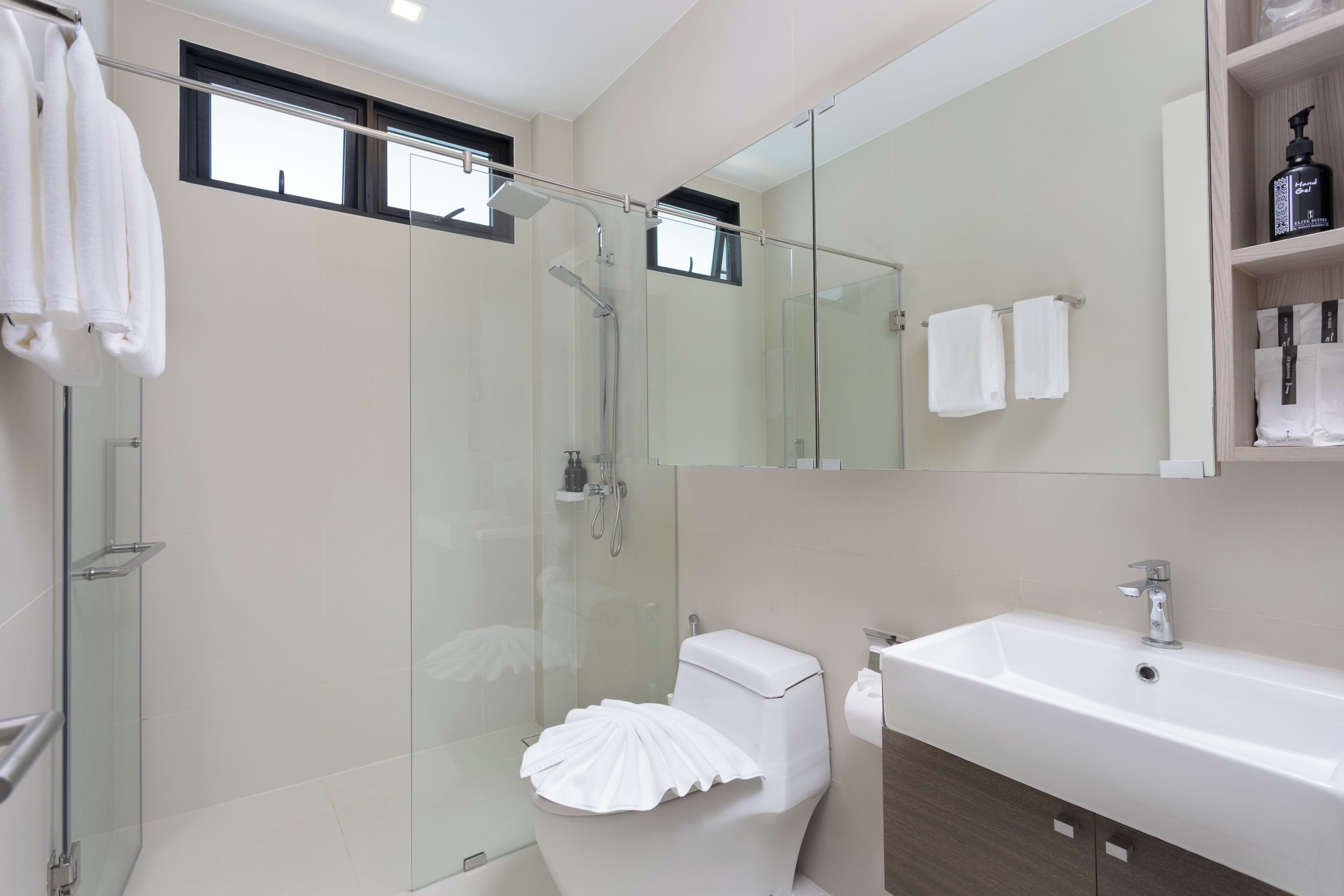 Shower, rainfall showerhead, eco-friendly toiletries, hair dryer