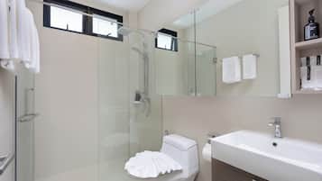 Shower, rainfall showerhead, eco-friendly toiletries, hair dryer