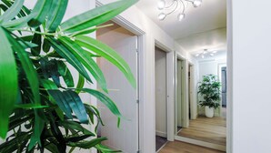 En gang med en plante, en dør og et spejl der afbilder en plante og en lampe.