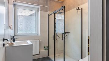 A modern bathroom with a glass shower enclosure, a white sink, and a toilet.