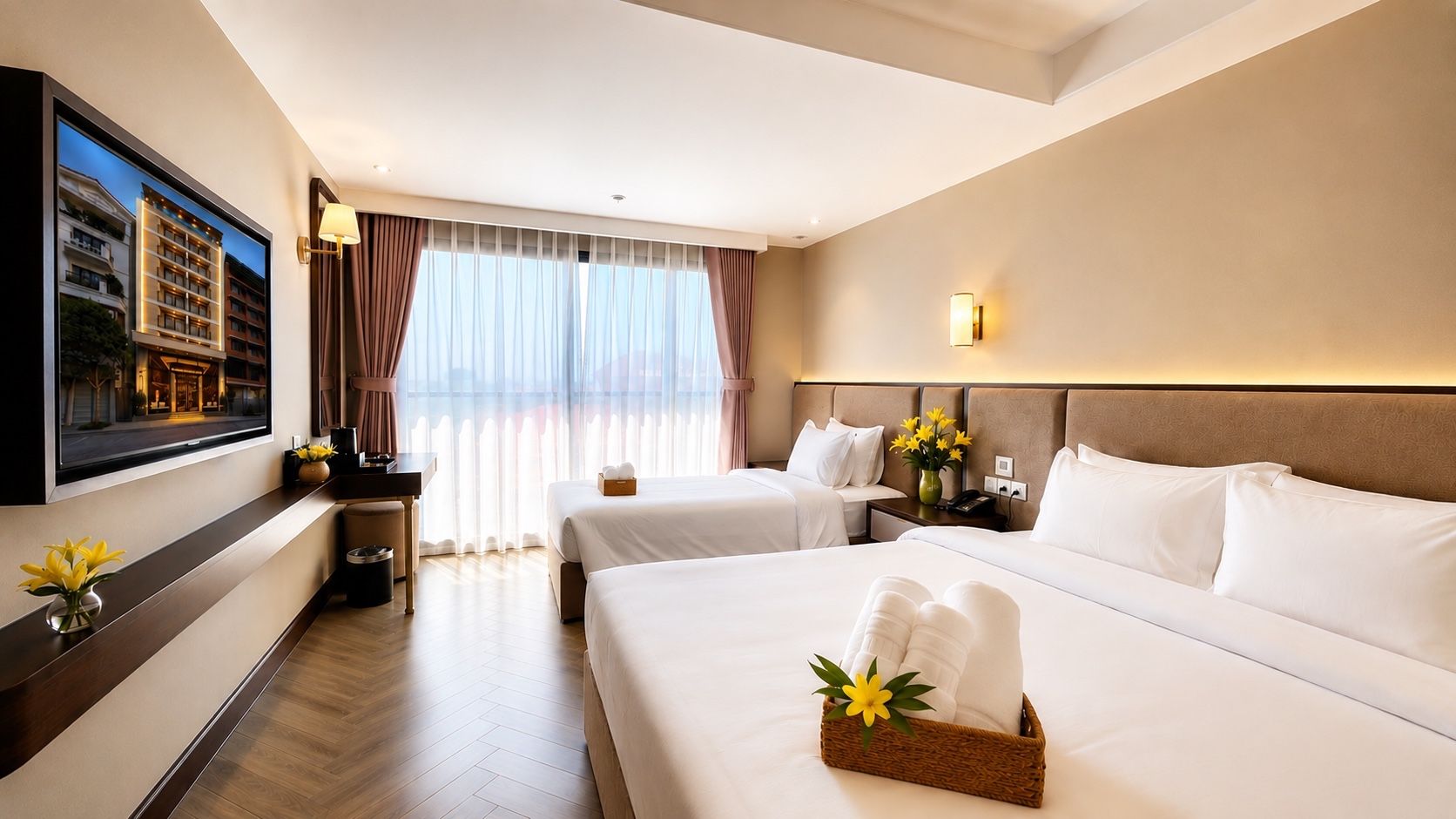 Una camera d'albergo con due letti, televisione, una scrivania e una finestra con tende.