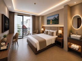 A hotel room with a large bed, bedside tables with lamps, a desk with a chair, a TV, a large window with curtains, and a painting on the wall.