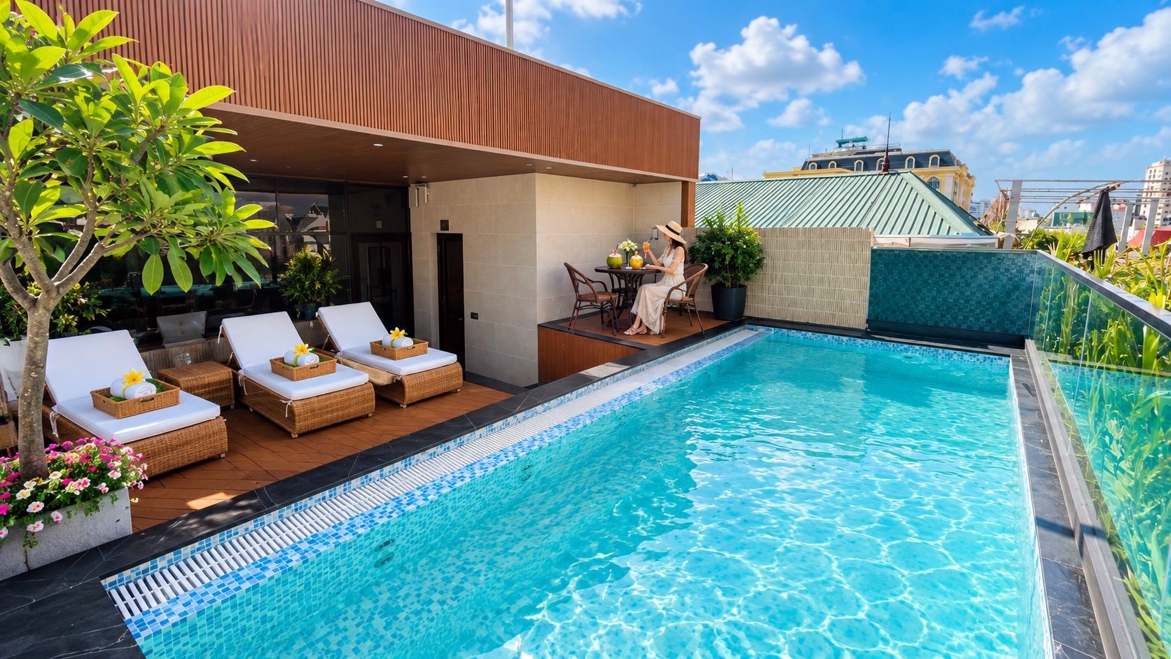 A rooftop swimming pool with lounge chairs and a small table, surrounded by potted plants and a wooden deck.
