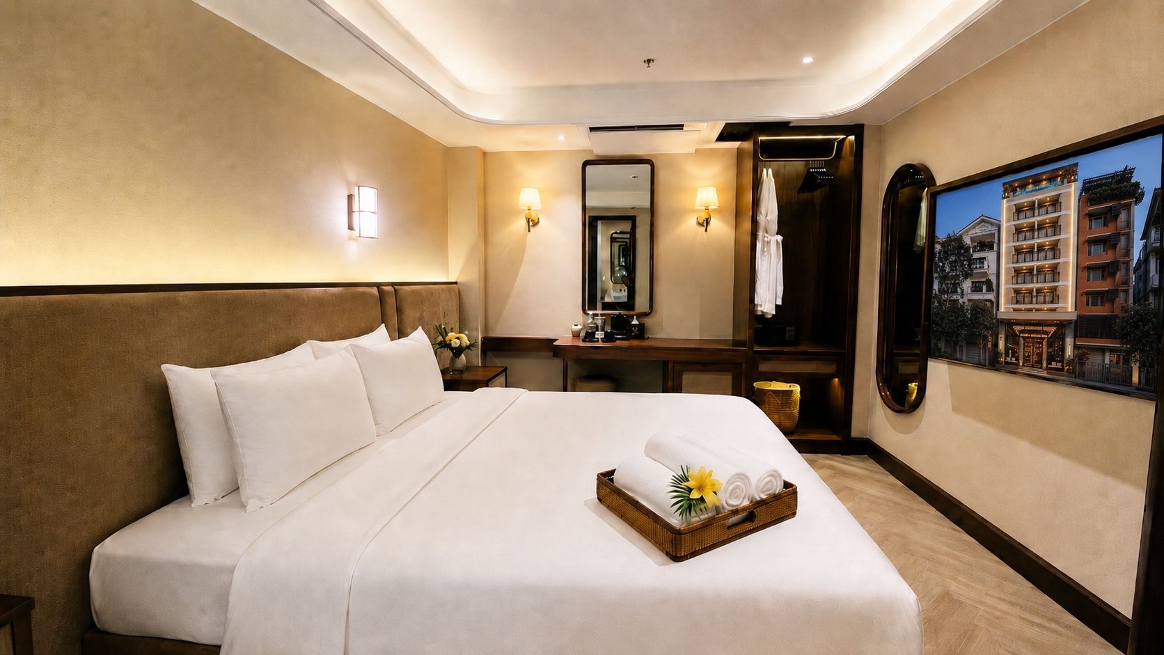Habitación de hotel con una cama grande, una mesita de noche, un espejo y vistas a la ciudad.