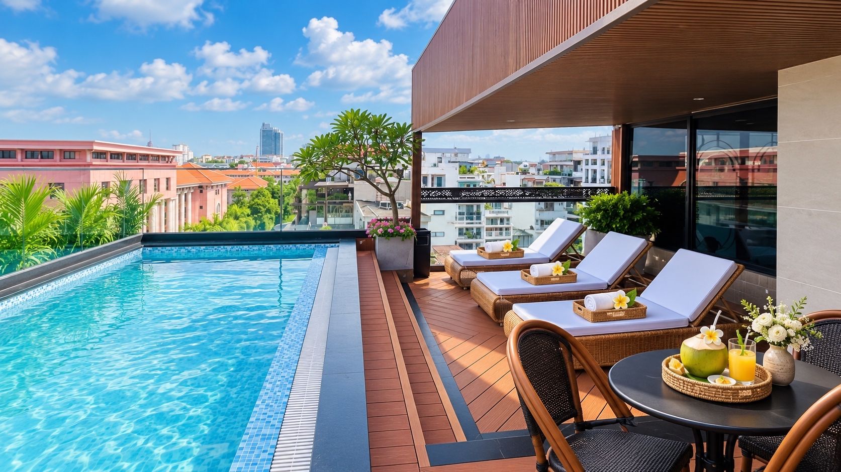 A rooftop pool area with lounge chairs and a table, surrounded by buildings.
