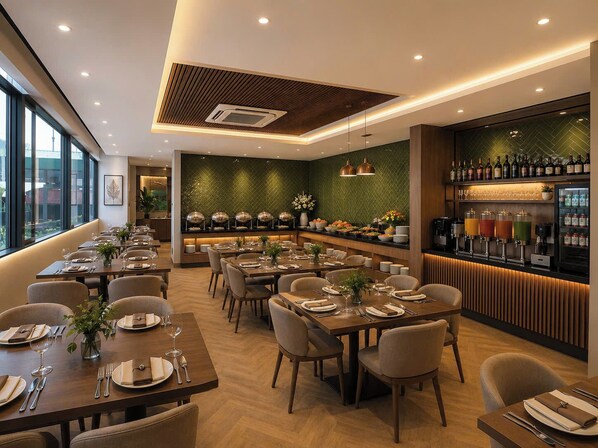 A restaurant with multiple dining tables, a bar area with a wine and cocktail selection, and a view through large windows. - Minerva Prestige Hotel (Hanoi)