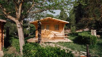 Una cabaña de madera con un porche, rodeada de abundante vegetación y árboles.