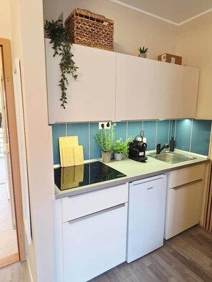A compact kitchen with a built-in stove, a sink, and white cabinetry. - BO - SilvaBlau Apartment Hévíz (Hévíz)