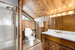 Une salle de bain avec un intérieur en bois, une douche, des toilettes et un meuble-lavabo avec un miroir.