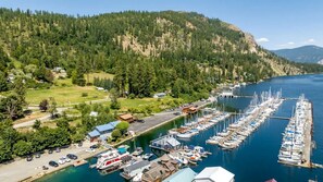 A marina with boats docked, surrounded by forested hills and a clear sky.