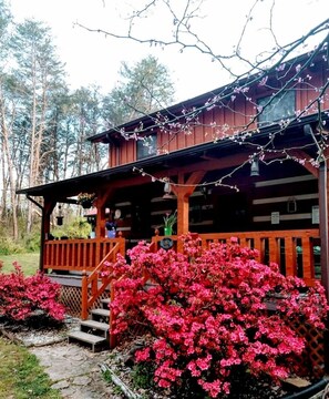 Eine Holzhütte mit Veranda, umgeben von blühenden Büschen.