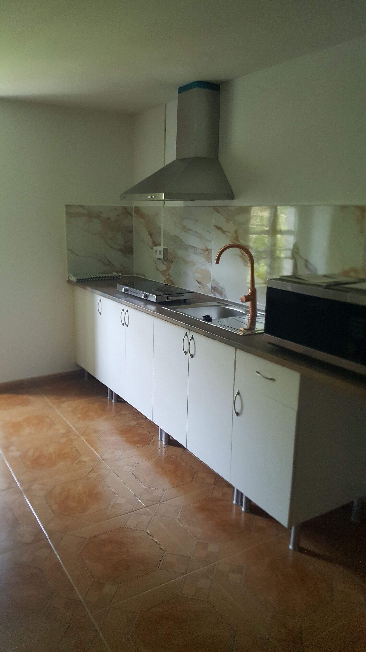 Una cucina con un piano cottura a gas, un lavello e una cappa aspirante.