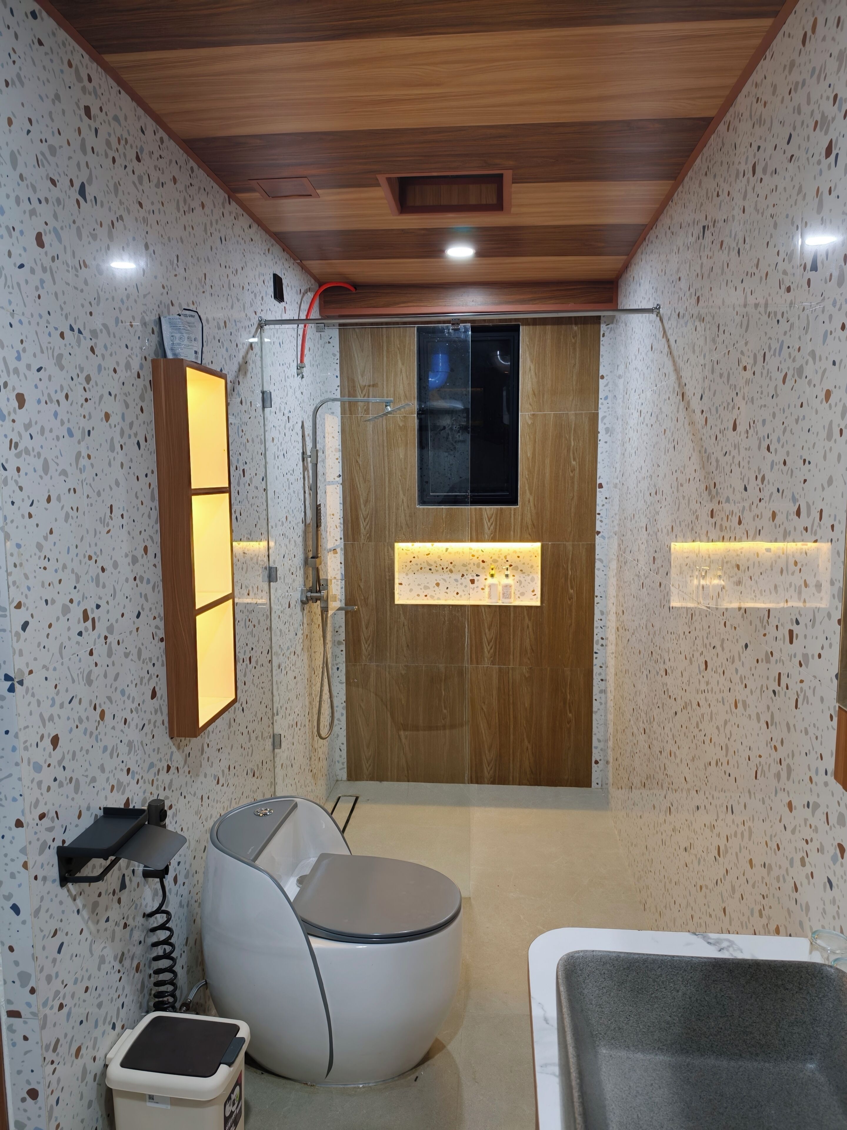Shower, slippers, towels, soap